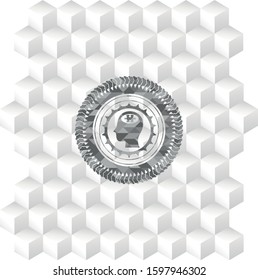 head with jigsaw puzzle piece icon inside retro style grey emblem with geometric cube white background