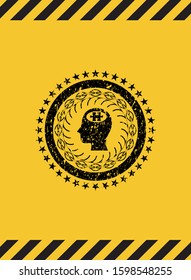 head with jigsaw puzzle piece icon black grunge emblem inside yellow warning sign. Vector Illustration. Detailed.