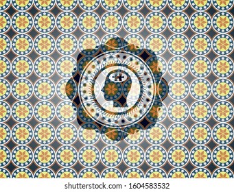 head with jigsaw puzzle piece icon inside arabesque style emblem. arabic decoration.