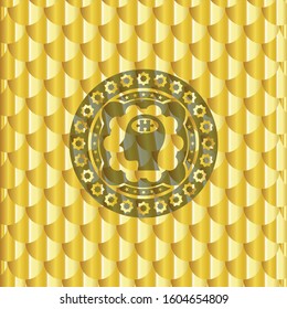 head with jigsaw puzzle piece icon inside golden emblem or badge. Scales pattern. Vector Illustration. Detailed.