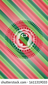 head with jigsaw puzzle piece icon inside christmas colors style emblem.