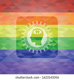 head with jigsaw puzzle piece icon inside emblem on mosaic background with the colors of the LGBT flag
