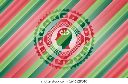 head with jigsaw puzzle piece icon inside christmas emblem background.