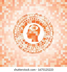 head with jigsaw puzzle piece icon inside orange tile background illustration. Square geometric mosaic seamless pattern with emblem inside.