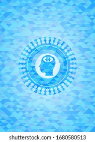head with jigsaw puzzle piece icon inside light blue emblem. Mosaic background