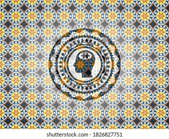head with jigsaw puzzle piece icon inside arabic style badge. Arabesque decoration. 