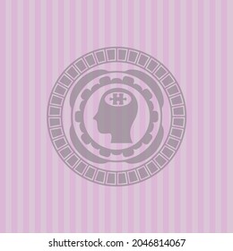 head with jigsaw puzzle piece icon inside realistic pink emblem. Vector design. 