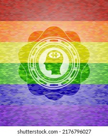 head with jigsaw puzzle piece icon inside lgbt colors emblem. 