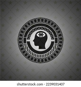 head with jigsaw puzzle piece icon inside realistic black emblem. 