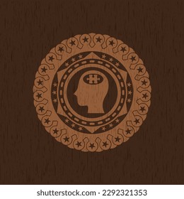 head with jigsaw puzzle piece icon inside wood badge or emblem. 