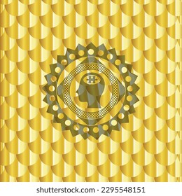 head with jigsaw puzzle piece icon inside golden badge. Scales pattern. Vector Illustration. Detailed. 