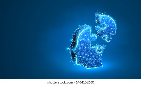 Head Jigsaw Puzzle silhouette. Autism problem, education process, human face concept. Abstract, digital, wireframe, low poly mesh, Vector blue neon 3d illustration. Line dot