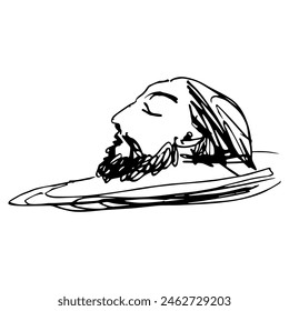 Head of John the Baptist on a plate. Beheaded Christian martyr. Hand drawn linear doodle rough sketch. Black and white silhouette.