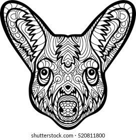 The head of a kangaroo with patterns. Monochrome illustration on white background. Line art coloring book.