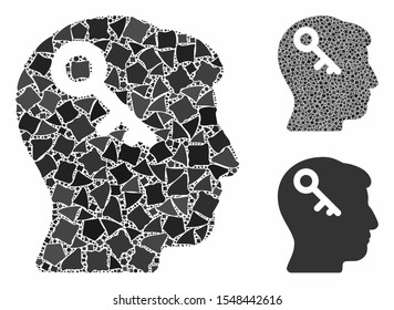 Head key composition of rugged items in different sizes and color hues, based on head key icon. Vector abrupt items are combined into collage. Head key icons collage with dotted pattern.