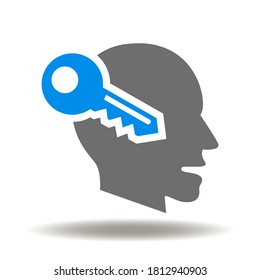 Head with key conceptual vector icon. Creativity human mind brain open symbol. Intelligence Access Sign. Inspiration Symbol.