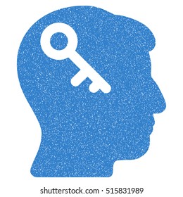 Head Key grainy textured icon for overlay watermark stamps. Flat symbol with unclean texture. Dotted vector cobalt ink rubber seal stamp with grunge design on a white background.