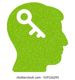 Head Key grainy textured icon for overlay watermark stamps. Flat symbol with dirty texture. Dotted vector eco green ink rubber seal stamp with grunge design on a white background.