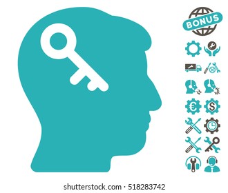 Head Key icon with bonus settings pictograms. Vector illustration style is flat iconic grey and cyan symbols on white background.