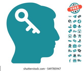Head Key icon with free bonus design elements. Vector illustration style is flat iconic symbols, soft blue colors, white background.