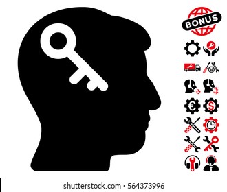Head Key pictograph with bonus tools design elements. Vector illustration style is flat iconic intensive red and black symbols on white background.