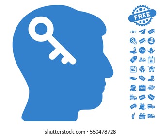 Head Key pictograph with free bonus symbols. Vector illustration style is flat iconic symbols, cobalt color, white background.
