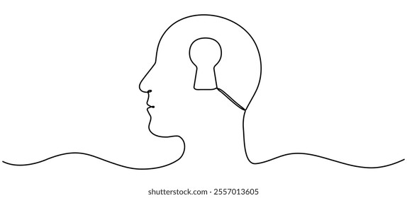 Head with keyhole inside continuous line drawing. Human potential concept. Vector hand drawn illustration isolated on white.