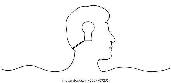 Head with keyhole inside continuous line drawing. Human potential concept. Vector hand drawn illustration isolated on white.