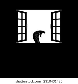 Leiter der King Cobra Schlange auf der Windows Silhouette. Schreckliche, Horror-, Gruselige-, Mysterium- oder Verbrechensillustration. Kunstillustration für Horrorfilm oder Halloween-Poster-Design-Element