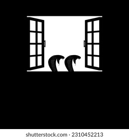 Leiter der King Cobra Schlange auf der Windows Silhouette. Schreckliche, Horror-, Gruselige-, Mysterium- oder Verbrechensillustration. Kunstillustration für Horrorfilm oder Halloween-Poster-Design-Element