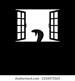 Leiter der King Cobra Schlange auf der Windows Silhouette. Schreckliche, Horror-, Gruselige-, Mysterium- oder Verbrechensillustration. Kunstillustration für Horrorfilm oder Halloween-Poster-Design-Element