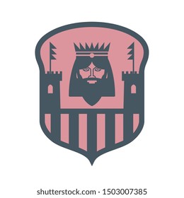 Head of king and silhouette of Castle, shield design, abstract vector illustration