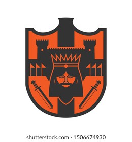 Head of King and silhouette of Castle, shield design, abstract vector illustration