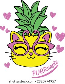 HEAD OF A KITTEN WITH HAIR OF PINEAPPLE LEAVES WITH FLAMINGO GLASSES