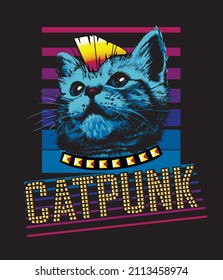 Cabeza de gatito con un gatito de mohawk y eslogan punk. Imprimir para camiseta.