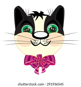 The Head kitty with rose bow on neck.Vector illustration