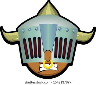 Head of a knight in metal helmet with greyish horns and reddish holes, he has an earring in his nose. Knight is determined and ready to fight.