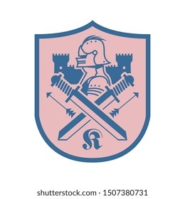 Head of Knight, Swords and silhouette of Castle, shield design, abstract vector illustration