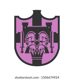 Head of Knights and silhouette of Castle, shield design, abstract vector illustration