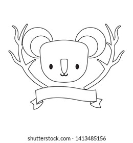 head of koala with tree branches and ribbon