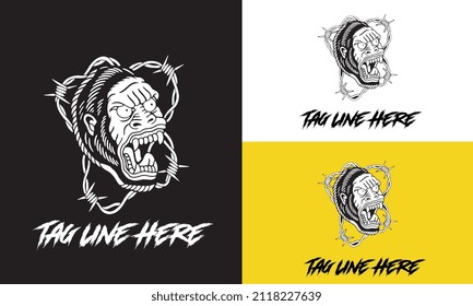 head kong with fangs vector black and white