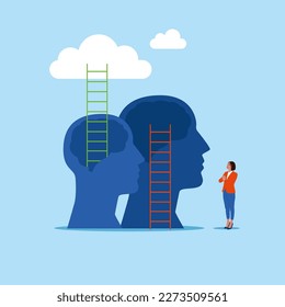 Head and ladder, next level improvement. Pursuit of happiness, self esteem and confidence. Modern vector illustration in flat style