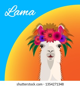 The head Lama with a floral wreath, front view. Cute bright realistic Vector Illustration