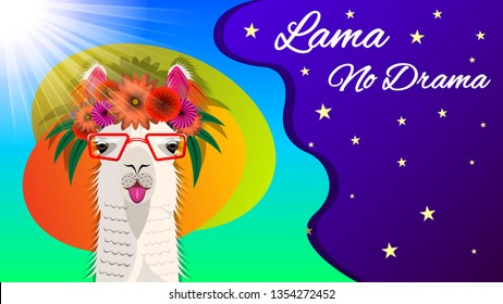 The head Lama in glasses and with a floral wreath, front view on a beautiful background of starry sky and sunlight. Inscription Lama no Drama. Vector Illustration