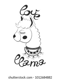 The head of the lama looks away with fluffy long eyelashes, ornaments, elegant beads with tassels, inscription love. Lettering.