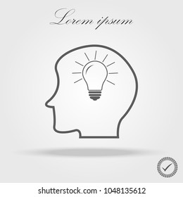 Head with lamp bulb sign icon. Male human head idea symbol. Flat icons.