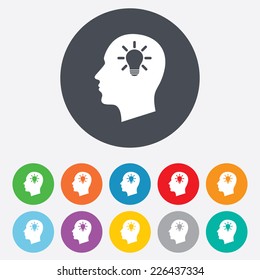 Head with lamp bulb sign icon. Male human head idea symbol. Round colourful 11 buttons. Vector