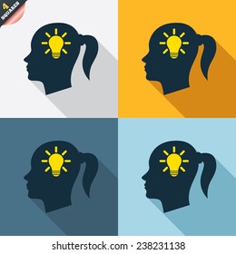 Head with lamp bulb sign icon. Female woman human head idea with pigtail symbol. Four squares. Colored Flat design buttons. Vector