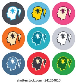 Head with lamp bulb sign icon. Female woman human head idea with pigtail symbol. Colored round buttons. Flat design circle icons set. Vector