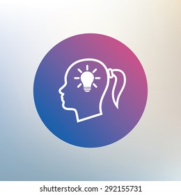 Head with lamp bulb sign icon. Female woman human head idea with pigtail symbol. Icon on blurred background. Vector